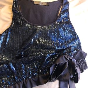 Blue racer back sequin tank with satin bow detail